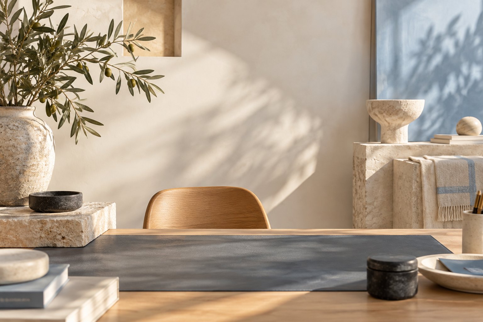A sunlit workspace with warm stone, oak, and soft blue details.